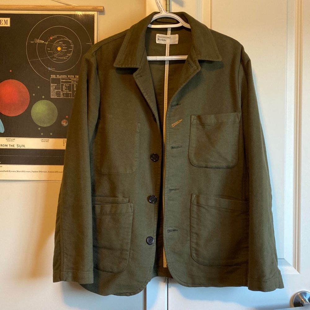 Universal Works moleskin chore coat. Size Medium-brushed cotton Olive Green